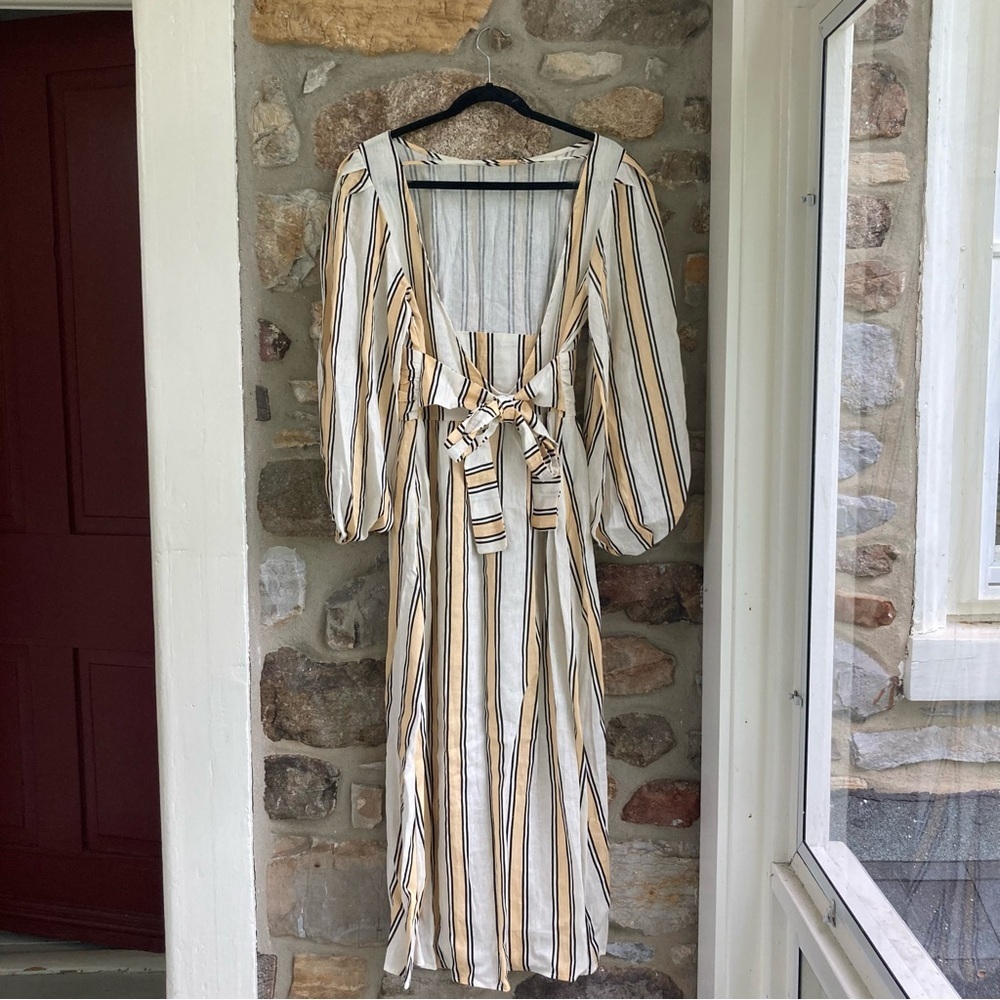 NWT VRG GRL Tularosa Linen Midi Dress Apricot Spritz Stripe Yellow/Black - Picture 6 of 16